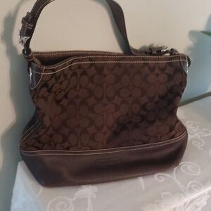Coach Brown Monogram Shoulder Bag with Leather Trim